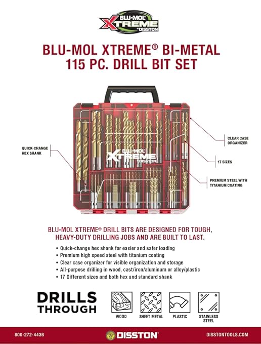 Disston BLU-MOL Xtreme 115PC Drill BIT Set 17 Round and HEX Drill BIT Sizes E0100504