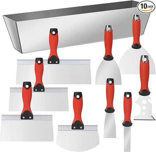 10Pcs Drywall Tool Kit, Stainless Steel Putty Knife Set with 1"-6" Knives, 8"-12" Taping Knives, 9-in-1 Painter Scraper, 12" Mud Pan & 6" Scoop for Drywall Taping, Finishing, and Patching