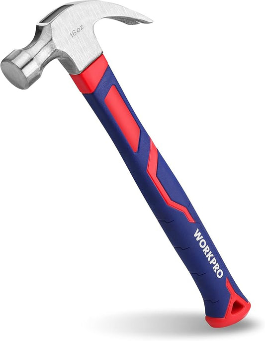 WORKPRO 16 oz Claw Hammer with Fiberglass Handle, All Purpose Hammer with Forged Hardened Steel Head