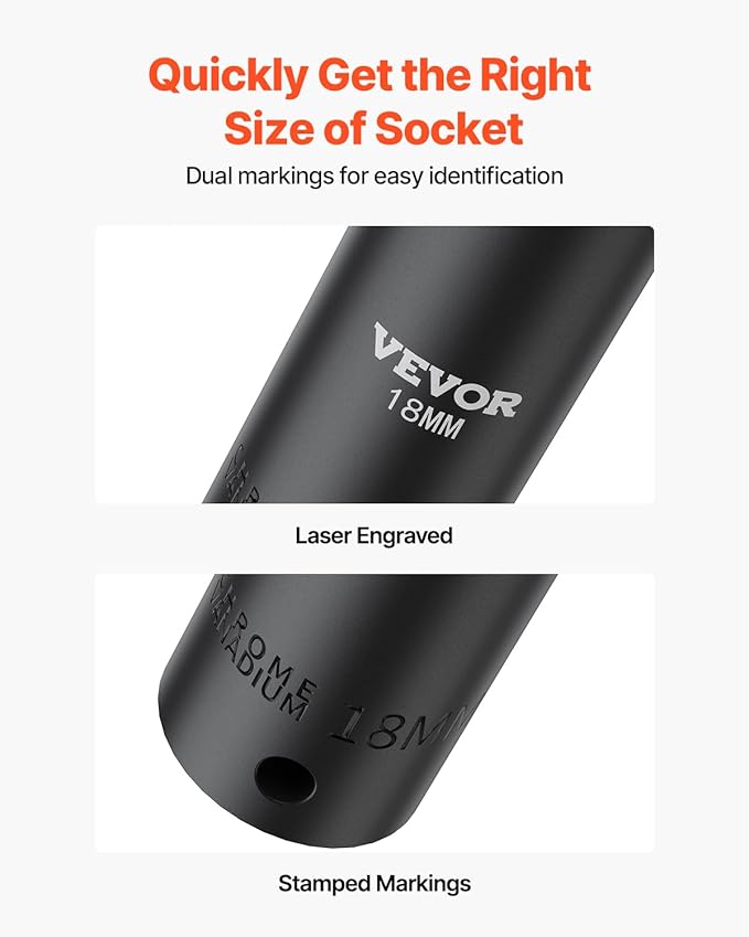 VEVOR Impact Socket Set 1/2 Inches 26 Piece Deep Sockets, , 6-Point , Rugged Construction, Cr-V, 1/2 Inches Drive Socket Set Impact Metric 10mm - 36mm, with a Storage Cage