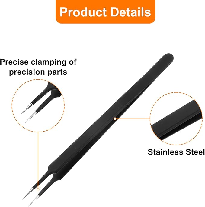 HARFINGTON 5pcs Stainless Steel Precision Tweezers 6.3 Inch Long Handle Pointed Tip Tweezers Multi Purpose for Craft Industrial Work Laboratory Use, Black