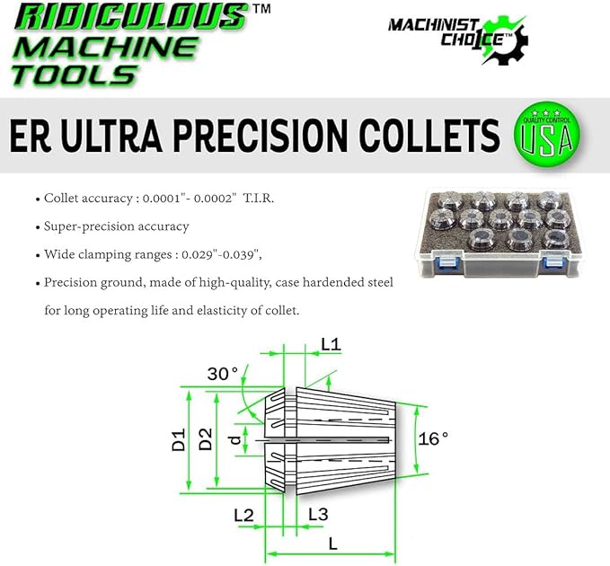 ER16 Ultra Precision Spring Collet Set 12 Piece (0.0001" T.I.R.) USA 100% Quality Control
