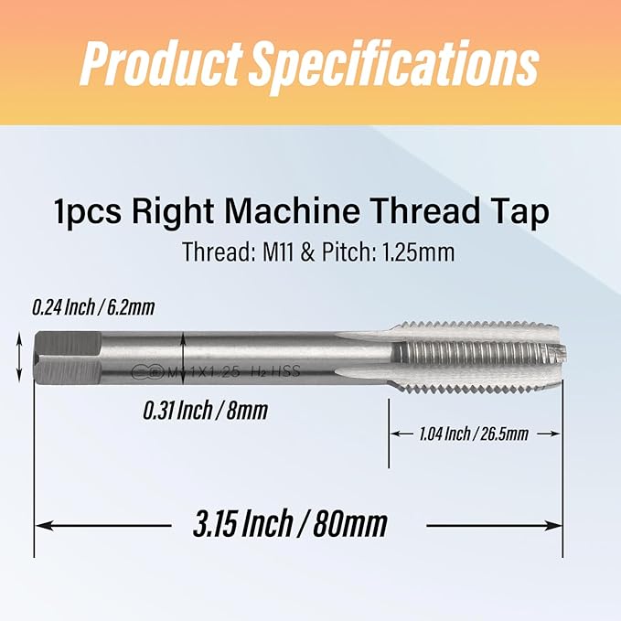 Qjaiune M11x1.25 Tap, M11 Metric Thread Right Machine Tapping Tool, HSS Thread Milling Taps (M11 x 1.25)