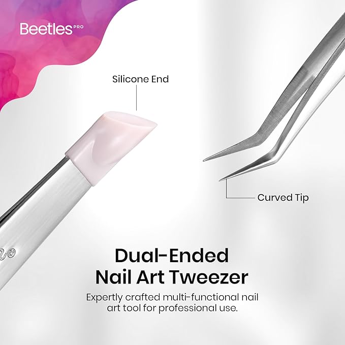 Beetles Pro Sticker Tweezers - Dual Ended Nail Art Tweezer, Curved Tip Pick Up Pearls Rhinestones, Silicone Tip Press Stickers Nail Art Tool Ultra Precision Stainless Steel Nippers