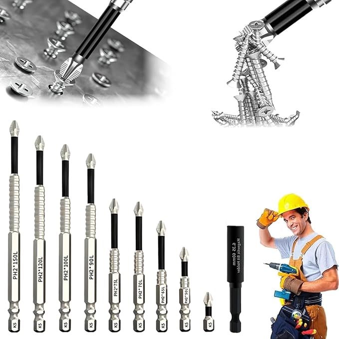 High Magnetic Screwdriver Drill Bit Set, 2025 New Magnetic Screwdriver Bits, Universal Anti Slip Magnetic Electric Screwdriver Set Suitable for Home Decoration, Car Repair (10Pcs)