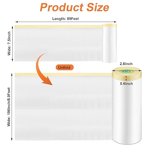 4 Rolls Painters Plastic with Tape, 8.9Ft x 89Ft Pre-Taped Masking Paper for Painting Automotive Masking Film Paint Adhesive Protective Film Roll for Painting Covering Walls Windows Auto Body
