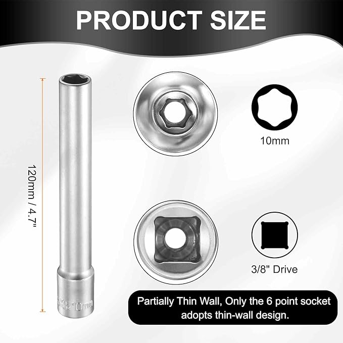 HARFINGTON 6 Points Deep Socket 3/8" Drive 10mm Deep Metric CR-V Steel Polished Nickel Plating Flip Sleeve 120mm / 4.7" Extra Long Socket Tool for Home Auto Nuts Bolts Repair