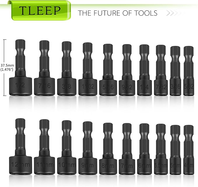 20 x Power Nut Driver Set for Impact Drill, SAE and Metric 1/4??Hex Head Drill Bit Set with 1/4" Double Hex Head L Type Wrench, Chrome Vanadium Steel Screwdriver Socket Set, Black Tool