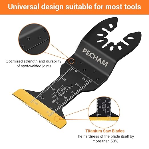 PECHAM 50PCS Titanium Oscillating Tool Blades, Universal Oscillating Multitool Blades Metal Cutting Quick Release for Hard Material Metal Nails Wood Plastic Fit Dewalt Rockwell Milwaukee Makita Bosch