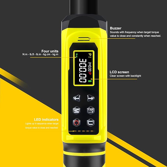ATsafepro Digital Torque Wrench-1/2-Inch Drive & 5.1-340Nm (3.8-250.8 ft-lb), Heavy Duty Torque Wrench with Buzzer, 5 Units, 짹2% Accuracy for Trucks & Machinery