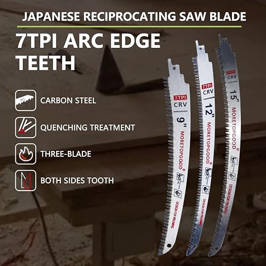 9"/12"/15" Arc Edge Reciprocating Saw Blade, 7TPI Japanese Teeth with Curved Edge Wood Pruning Saw Blades for Tree Trimming, Wood Cutting (3 Pack)