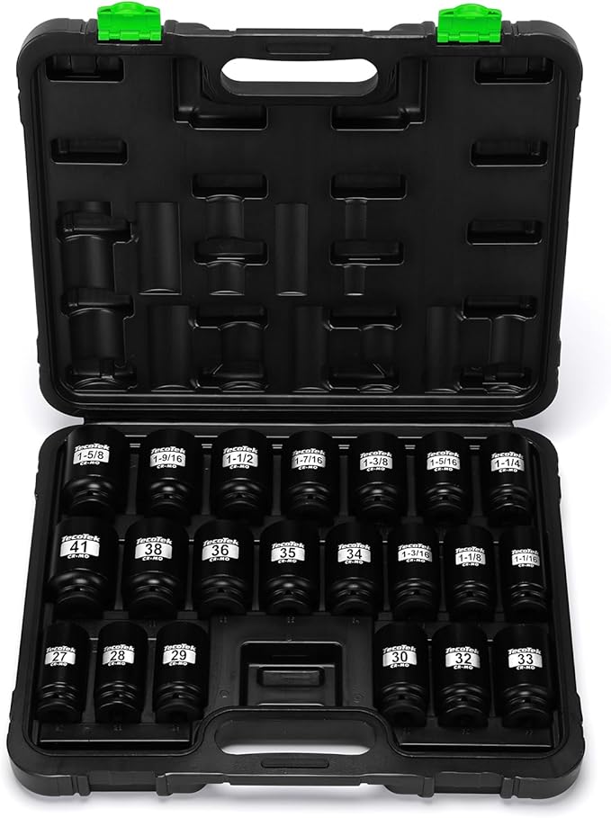 1/2" Drive Deep 6-Point Impact Socket Set, 21-Piece Spindle Axle Nut Impact Socket Set, CR-MO, SAE (1-1/16-Inch to 1-5/8-Inch) and Metric (27mm to 41mm)