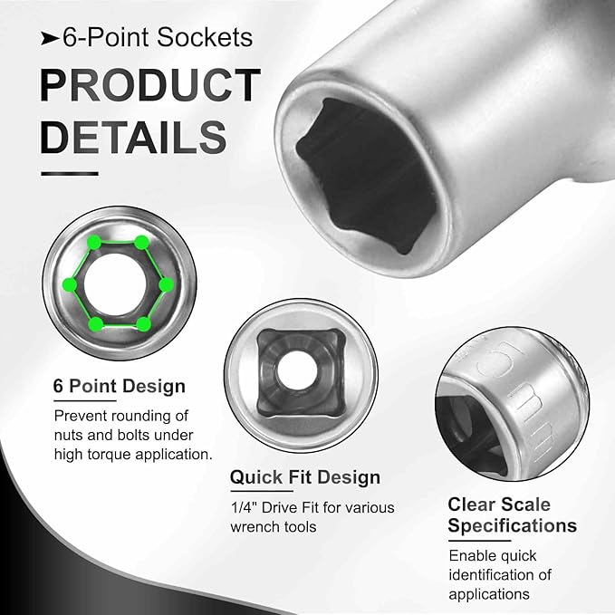 HARFINGTON 6 Points Deep Socket 1/4" Drive 5mm Deep Metric CR-V Steel Polished Nickel Plating Flip Sleeve 25mm / 1" Extra Long Socket Tool for Home Auto Nuts Bolts Repair