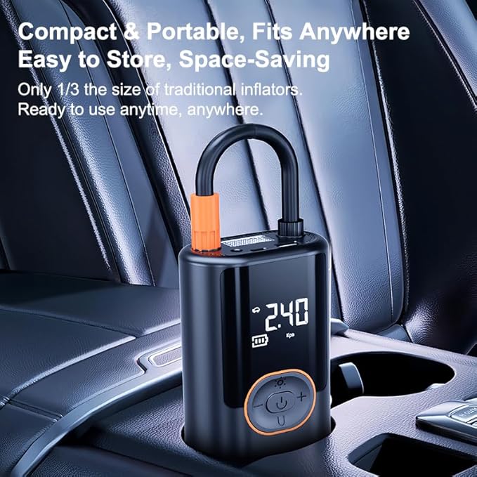 Portable Tire Inflator, 150PSI Cordless Air Compressor with Digital Pressure Gauge and LED Light, for Cars, Motorcycles, Bicycles, and Balls.