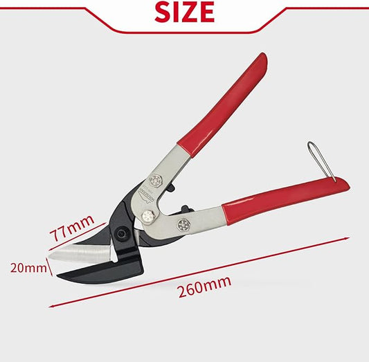 Tin Snips, 10 Inch Aviation Snips, Left Cut, Heavy Duty Sheet Metal Cutter with Safety Lock and Non-slip Handle, CR-V Steel Sharp Teeth, Metal Shears Scissors for Cutting Metal Sheet