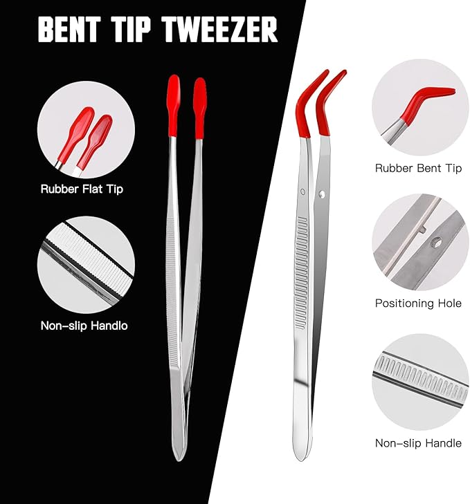 Craft Tweezers with Rubber Tips, 2 Pcs Metal Sticker Tweezer with Soft PVC Coated Curved Angled Tweezers Anti-Static Non-slip Industrial Clip Tong Tools for Lab Jewelry Making DIY Crafting Stamp Coin