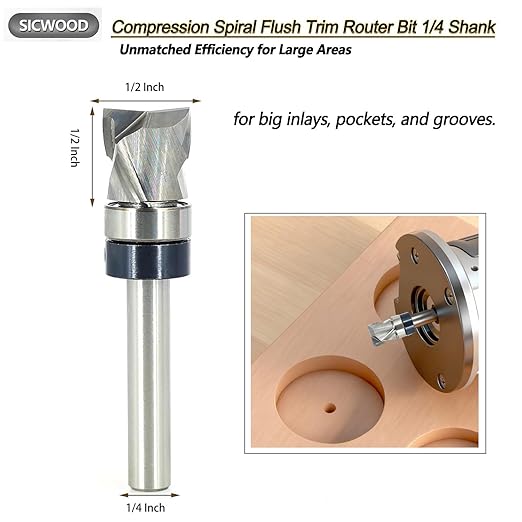 Solid Carbide Compression Flush Trim Router Bit 1/4 Shank, 2+2 Flute, 1/2" Diameter, 1/2" Cutting Length, Pattern and Mortising Trim Router Bit, Template Top Bearing Router Bit