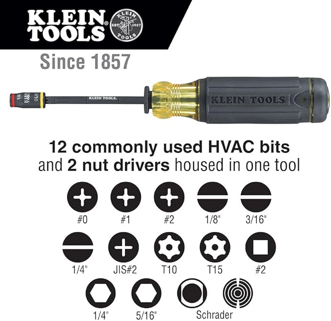 Klein Tools 32304 Screwdriver, 14-in-1 Adjustable Screwdriver with Flip Socket, HVAC Nut Drivers and Bits, Impact Rated