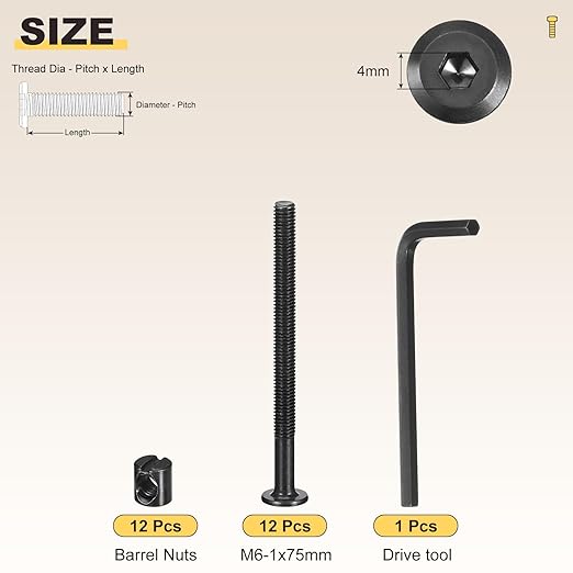METALLIXITY Furniture Crib Screws Replacement Set with Wrench(M6-1x75mm) 24Pcs, Galvanization Connector Bolt M6 Screw Barrel Nuts Binding Screws, for Chair Cabinet Bed, Black