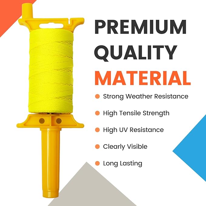 MERIANE 250FT Mason Line w/Reloadable Line Reel, 18# Braided Twine String for Masonry Job, Level Lines in Construction, Gardening, Fluorescent Yellow