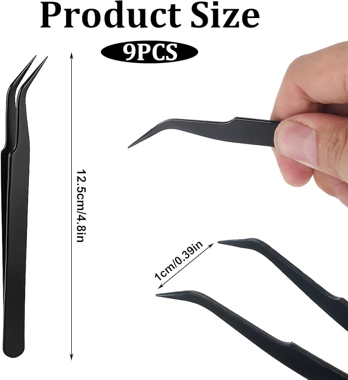 9 Pieces Craft Tweezers, Stainless Steel Sticker Tweezers Black Curved Pointed Craft Tweezer Multipurpose Precision Tweezer for Jewelry Making, Scrapbooking, Eyelash Extension