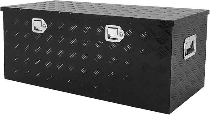 confote 44 Inch Heavy Duty Aluminum Stripes Plated Tool Box Pick Up Truck Bed RV Trailer Toolbox Waterproof Square Storage Organizer with Side Handle, Lock and Keys -44"x 19.5"x 17.5"竊똁lack