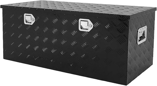 confote 44 Inch Heavy Duty Aluminum Stripes Plated Tool Box Pick Up Truck Bed RV Trailer Toolbox Waterproof Square Storage Organizer with Side Handle, Lock and Keys -44"x 19.5"x 17.5"，Black