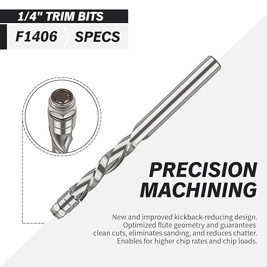 ZahyoX Downcut Spiral Flush Trim Router Bit, Solid Carbide Flush Trim Straight Router Bit with Double Bearing, 1/4" Cutting Dia, 1/4" Shank, 1-1/8" Cutting Length, 3" Overall Length