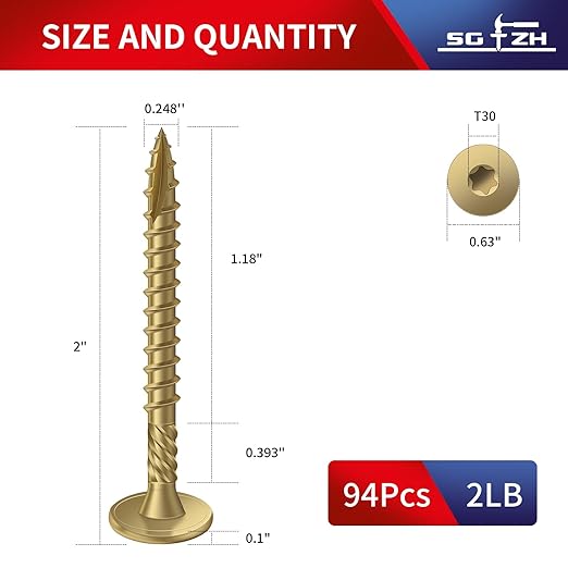 #14 x 2 Inch Outdoor Structural Wood Deck Screws (94Pcs/2lb), Carbon Steel, Tan, Flat Head, Rust Resistant Epoxy Coated, T30 Star Bit