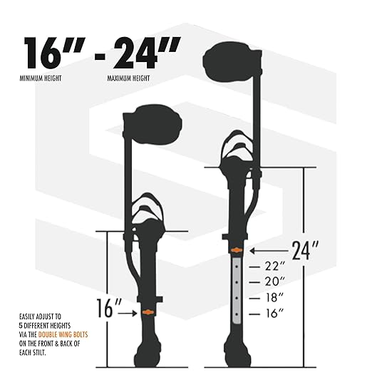 SurPro Single-Sided Aluminum Drywall Stilts, 16??- 24??Height, Interlock Enhanced Contractor-Grade Stilts (S1-A-1624) for Drywallers, Painters, Ceiling Work, Stilts Drywall