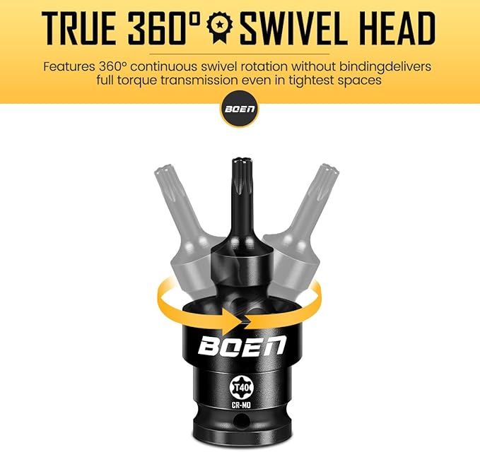 BOEN 8-Pieces Universal Torx Bit Driver Impact Socket, 1/2" Drive Size (T30, T40, T45, T47, T50, T55, T60, T70) With Socket Rail, CR-MO Steel