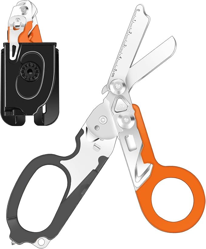 6 In 1 Multi-function Trauma Shears Foldable with Compatible Holster and Penlights,Emergency Trauma Shears with Strap Cutter and Glass Breaker for Outdoor Medical Scissors Tools Black+Orange