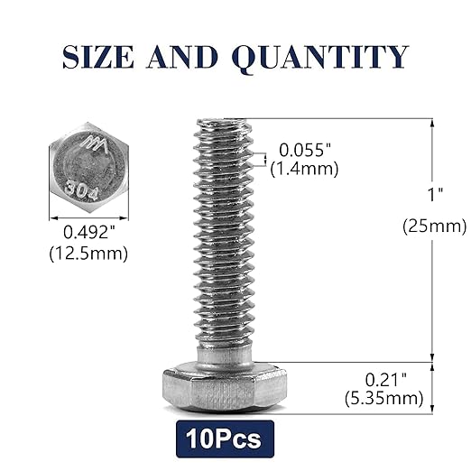 5/16-18 x 1" Hex Head Screw Bolt, 10Pcs 18-8 (304) Stainless Steel, Fully Threaded, Plain Finish, by SG TZH