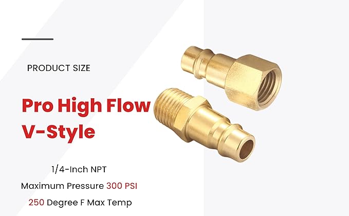 Pro High Flow Coupler and Plug Kit (7 Piece), V Style, 1/4 Inch NPT, Solid Brass Quick Connect Air Fittings Set