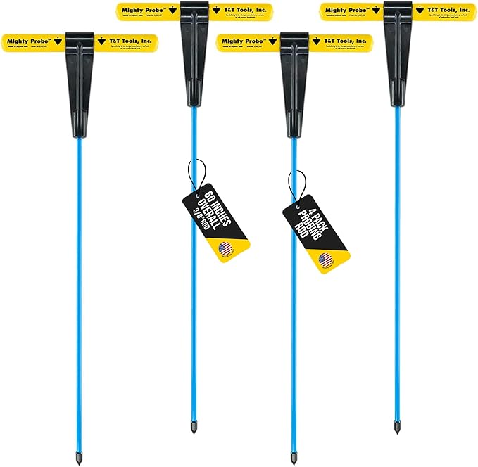 T&T Tools 60-Inch Mighty Probe Insulated Metal Soil Probe ??3/8" Metal Round Rod, Heavy Duty Design for Easy Penetration & Withdrawal, Soil Testing & Landscaping Tools, T-Handle, USA-Made-4 Pack