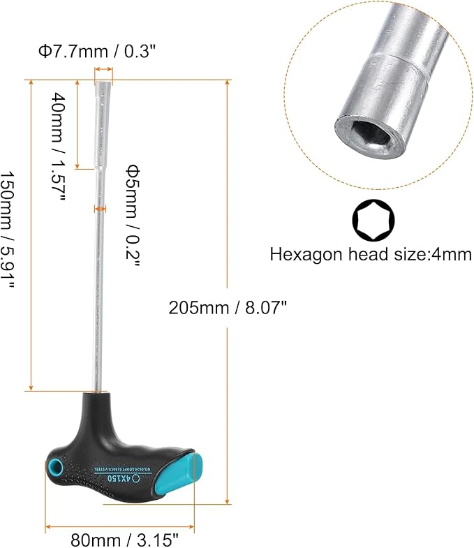 HARFINGTON T-Handle Metric Nut Driver 4mm Dia 150mm Shank 6 Point Hex Socket Screwdriver with Non-Slip Handle for Tightening and Loosening Fasteners