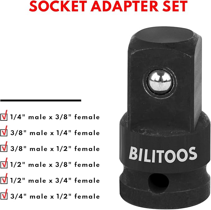 BILITOOLS Socket Adapter Set 17 Piece includes Reducer, Universal Joint Socket Set, Drill Adapter 1/4" 3/8" 1/2"