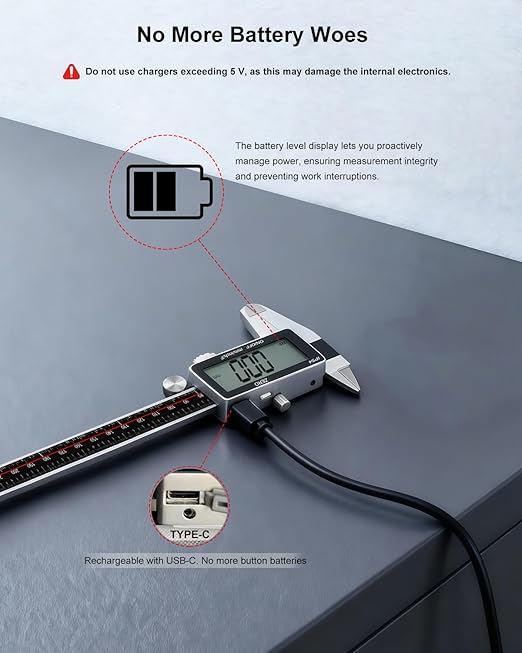 Digital Caliper 12 Inch, 짹0.001" High Precision, Rechargeable & IP54 Calipers Measuring Tool, Stainless Steel Vernier Caliper 300mm with Large LCD, MM/Inch/F, Rubber Grip for 3D Printing, Machine Shop