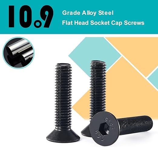 M8-1.25 x 100mm 10PCS Flat Head Hex Socket Cap Screws, Countersunk Bolts, 10.9 Grade Alloy Steel, Black Oxide Finish, Metric Allen Drive, Fully Threaded