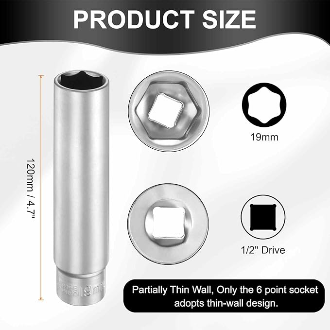 HARFINGTON 6 Points Deep Socket 1/2" Drive 19mm Deep Metric CR-V Steel Polished Nickel Plating Flip Sleeve 120mm / 4.7" Extra Long Socket Tool for Home Auto Nuts Bolts Repair