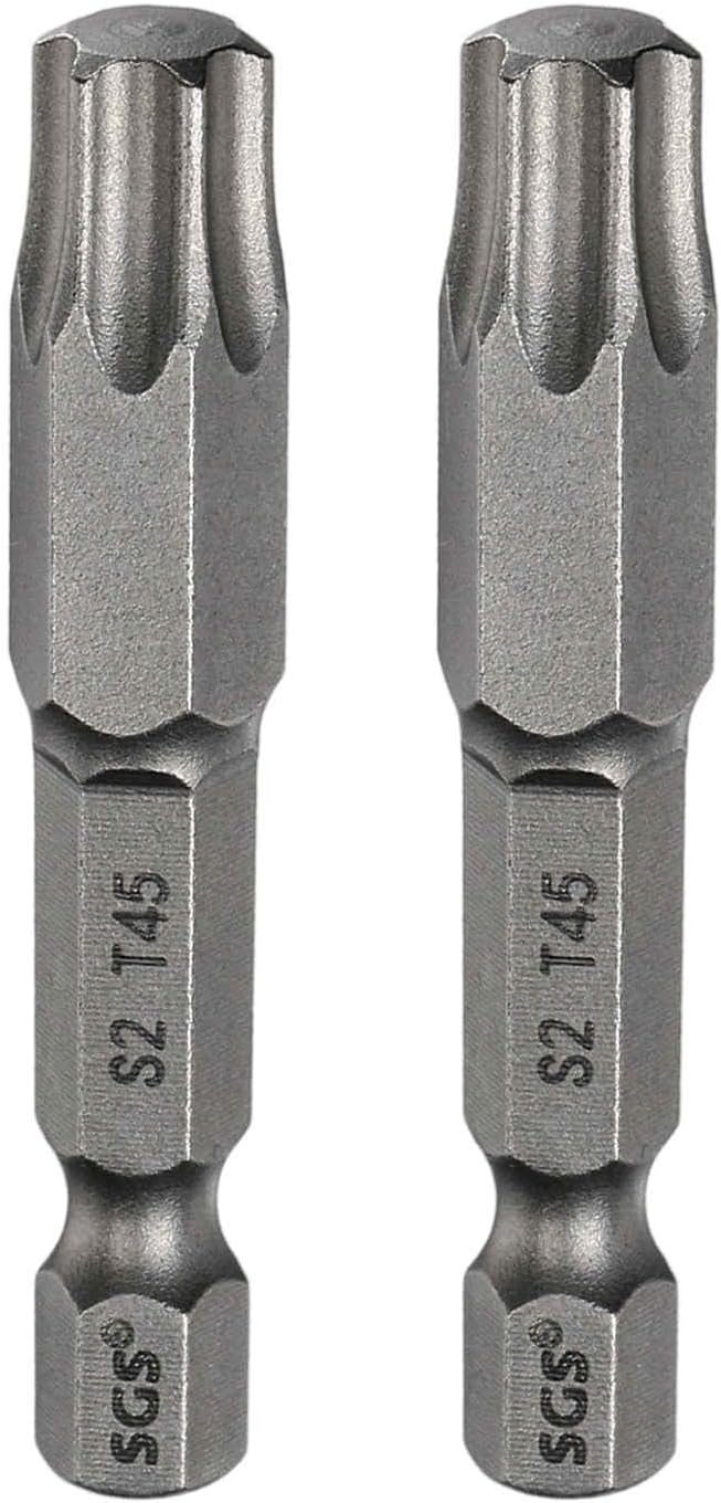 HARFINGTON 2pcs T45 Torx Head Screwdriver Bit 1/4" Hex Shank 2" (50mm) Long Magnetic No Hole Tip Tamper Proof 6 Point Star Screw Driver Drill Bits S2 Steel Industrial Power Screwdrivers