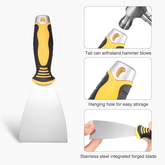 uxcell Putty Knife 3" High Carbon Steel Paint Scraper Flexible Drywall Repair Mud Knife for Removing Cement Wallpaper Mud Adhesive Taping with Metal Hammer End