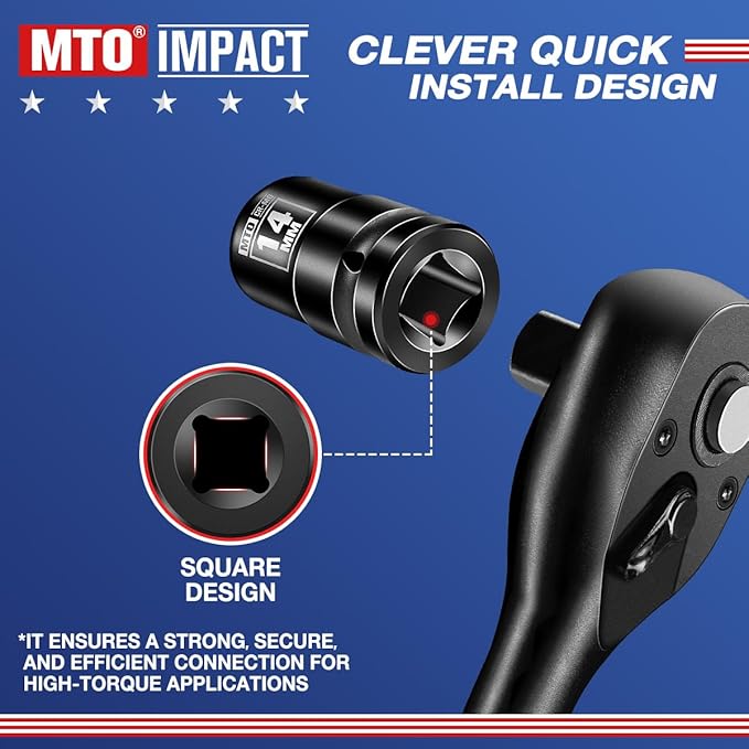 MTO 1/2" Drive 14mm Shallow Impact Socket, 6-Point Metric Socket, CR-MO Steel & Anti-Corrosion Coating for Tight Spaces and Heavy-Duty Tasks