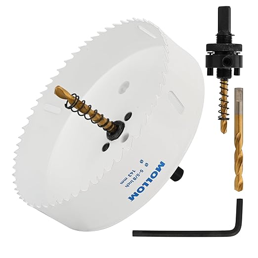 Mollom (143mm | 5-5/8") HSS M42 with 8% Cobalt BI-Metal Hole Saw with 2 Pilot Drill Bits & Arbor Smooth Cutting for PVC,Drywall,Wood,Plastic,Gypsum Board,Rubber