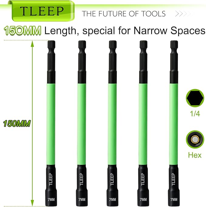 150MM 7mm Magnetic Power Nut Driver Set for Impact Drill, 1/4" Hex Head Drill Bit Set SAE Screwdriver Socket Set, Chrome Vanadium Steel Quick Change Chuck Socket Wrench Nut Setters