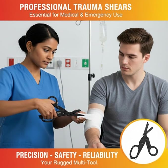 Pro 6-in-1 Foldable Trauma Shears with Strap Cutter, Stainless Steel Medical Scissors for Nurses, Raptor Trauma Shears Holster with Glass Breaker, Surgical EMT Scissors for Nursing Students & Doctors