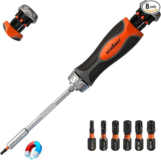 HORUSDY 6-in-1 Ratcheting Screwdriver Set, Magnetic Multi-Bit Screwdriver with Built-in Premium S2 Bits & 126mm Extension Bar, Dad Mens Gifts for Christmas, All-in-One Tool for Home Repair, DIY