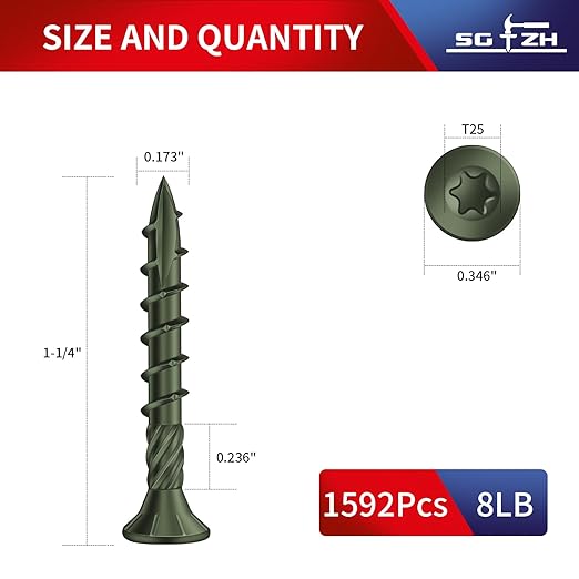 #8 x 1-1/4" Deck Screws (1592Pcs) 8lb. Carbon Steel, Green, Flat Head, Rust Resistant epoxy Coated, with T25 Star Bit