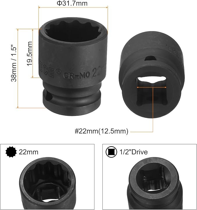 uxcell 1/2" Drive x 22mm Shallow Impact Socket 12-Point Metric CR-MO Steel Nut Impact Grade Socket for Auto Repair