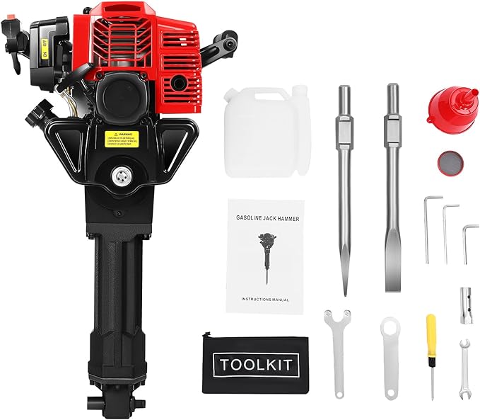 Gas Demolition Jack Hammer 55CC 2 Stroke Gasoline Concrete Breaker Punch Drill Breaker Drilling Machine 1900W 6500RPM, for Trenching Chipping Breaking Holes, with Pointed Flat Pickaxes
